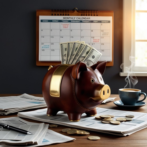 A piggy bank with a monthly calendar and $1000 in cash, representing the goal of building a dividend portfolio that generates $1000 per month in income