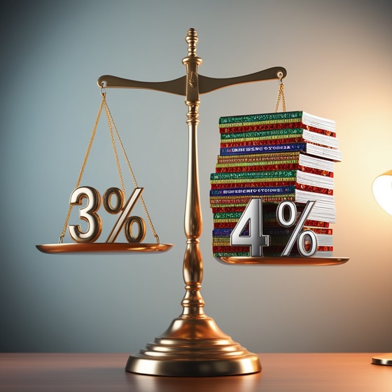 A scale balancing the 3% and 4% withdrawal rates, with a stack of dividend stocks on the 3% side