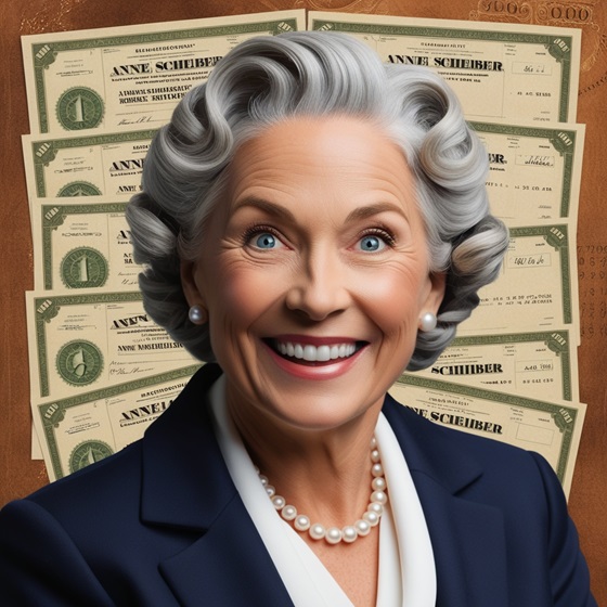 A portrait of Anne Scheiber, smiling confidently, with a background of stock certificates and dividend checks