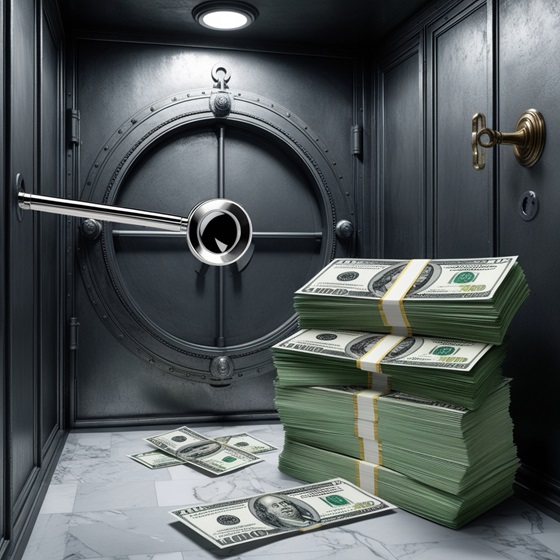 A bank vault with a magnifying glass focusing on a stack of dollar bills, symbolizing the scrutiny of banking dividends post-SVB