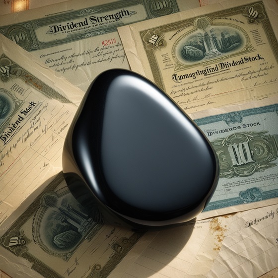 A solid black rock symbolizing strength and stability, with a background of dividend stock certificates