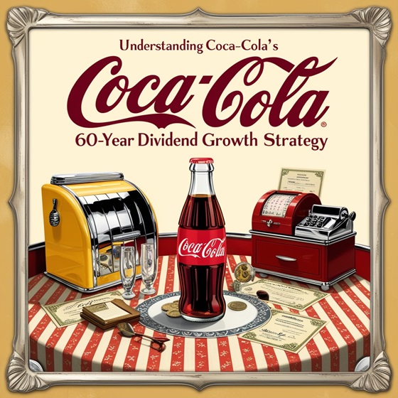 A vintage Coca-Cola ad featuring the company's iconic logo and a graph showing 60 years of consistent dividend growth