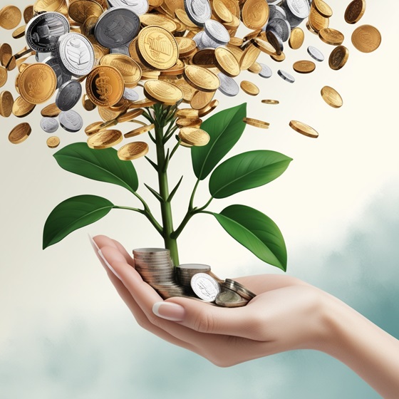 A hand holding a plant with coins growing from its branches, representing dividend growth and passive income