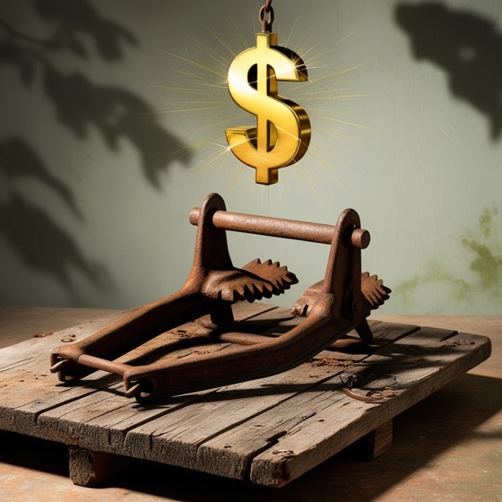 A bear trap with a dividend symbol as bait, symbolizing the dangers of dividend traps and associated risks