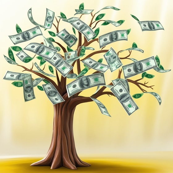 A tree with dollar bills as leaves, representing how dividends are the fruits of a company's profits