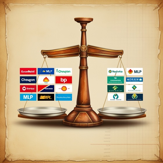 A balance scale with the logos of major energy companies on one side and MLP logos on the other, representing the comparison of their dividend stability