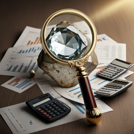 A magnifying glass focused on a diamond in the rough, symbolizing the process of uncovering undervalued stocks through dividend analysis