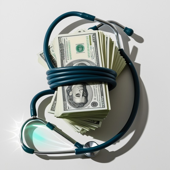 A stethoscope wrapped around a stack of dollar bills, symbolizing the financial strength of healthcare Dividend Aristocrats