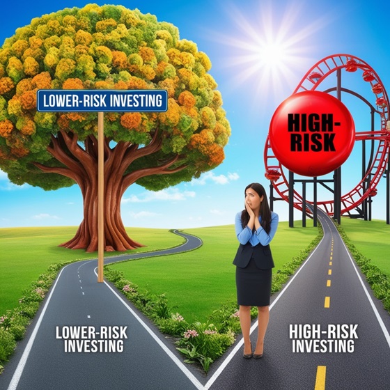 A person standing at a crossroads, with one path leading to a rollercoaster labeled "High-Risk Investing" and the other leading to a steady, growing tree labeled "Dividend Investing"