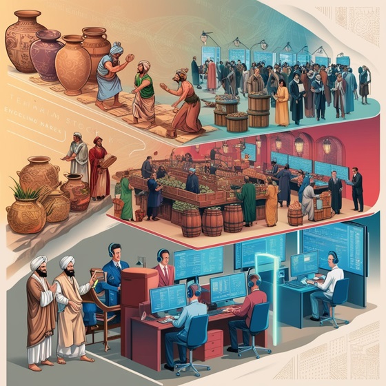 An illustration depicting the evolution of the stock market, from ancient marketplaces to modern trading floors