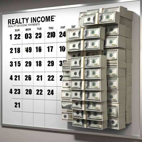 A calendar with a stack of dollar bills on each month, symbolizing Realty Income's monthly dividend payments