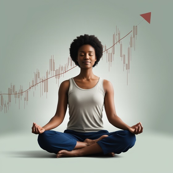 A person meditating peacefully, with a downward-trending stock chart in the background, symbolizing the importance of staying calm when a dividend stock is trapped in the red