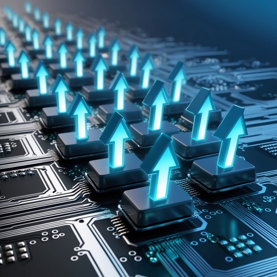 A circuit board with rising dividend symbols, representing the growth potential of tech dividend stocks